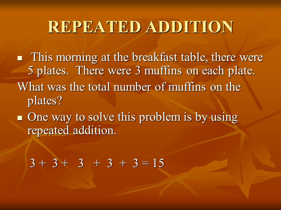 REPEATED ADDITION This morning at the breakfast table, there were 5 plates.