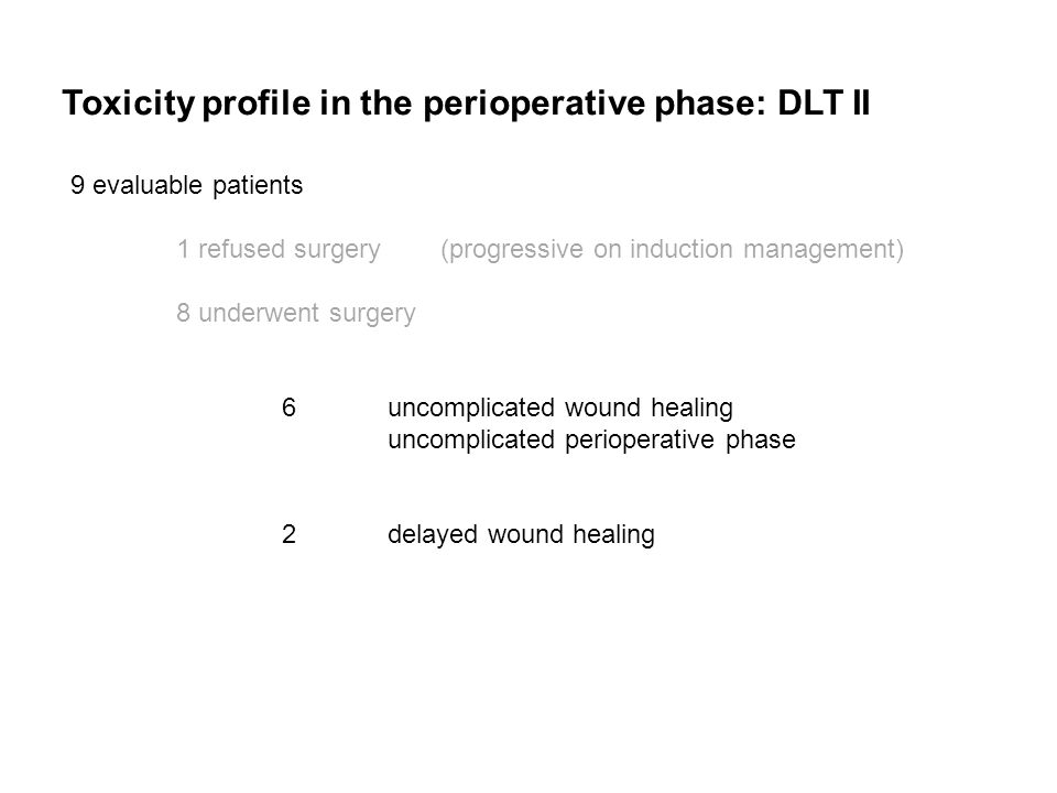 Toxicity profile in the perioperative phase: DLT II 9 evaluable patients 1 refused surgery (progressive on induction management) 8 underwent surgery 6 uncomplicated wound healing uncomplicated perioperative phase 2delayed wound healing