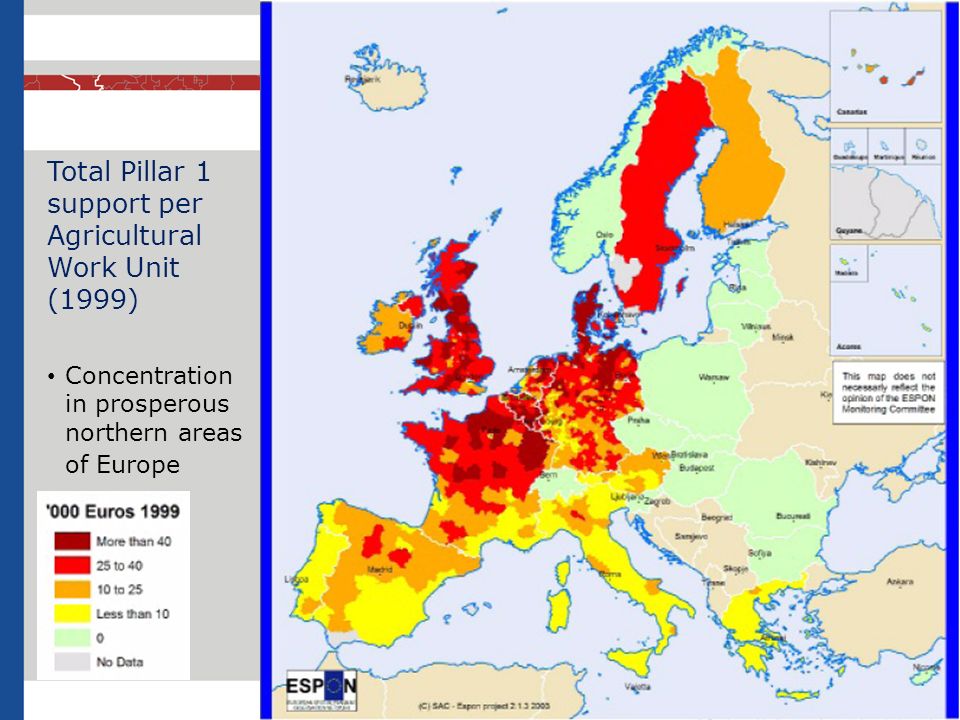 Total Pillar 1 support per Agricultural Work Unit (1999) Concentration in prosperous northern areas of Europe