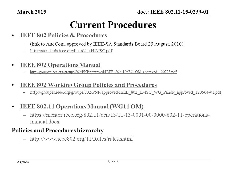 doc.: IEEE Agenda March 2015 Slide 21 Current Procedures IEEE 802 Policies & Procedures –(link to AudCom, approved by IEEE-SA Standards Board 25 August, 2010) –  IEEE 802 Operations Manual –  IEEE 802 Working Group Policies and Procedures –  IEEE Operations Manual (WG11 OM) –  manual.docxhttps://mentor.ieee.org/802.11/dcn/13/ operations- manual.docx Policies and Procedures hierarchy –