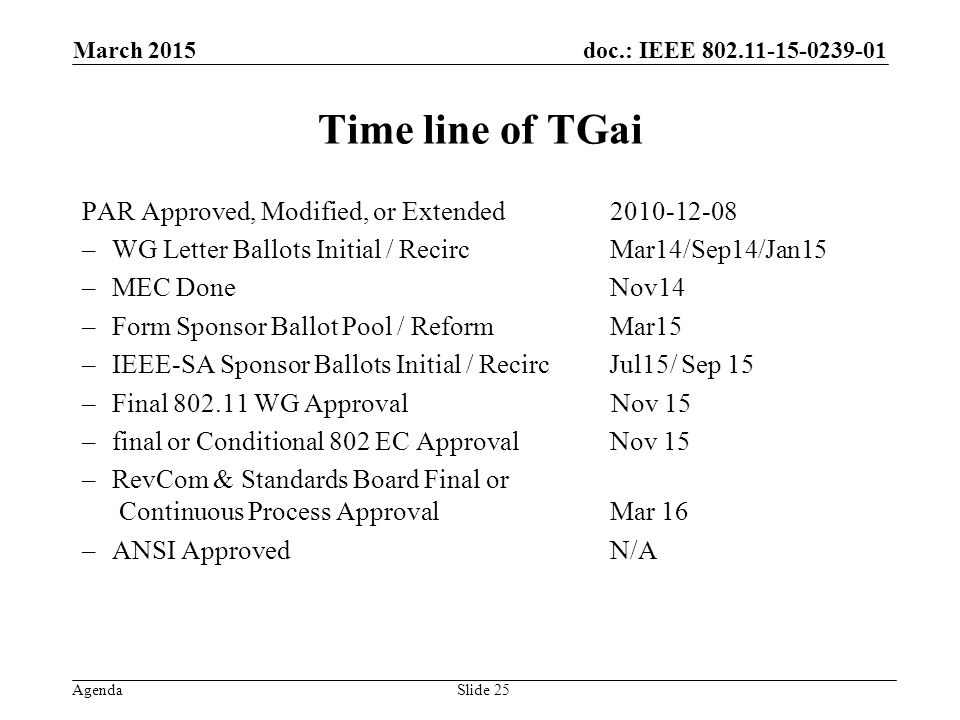 doc.: IEEE Agenda Time line of TGai PAR Approved, Modified, or Extended –WG Letter Ballots Initial / RecircMar14/Sep14/Jan15 –MEC DoneNov14 –Form Sponsor Ballot Pool / Reform Mar15 –IEEE-SA Sponsor Ballots Initial / Recirc Jul15/ Sep 15 –Final WG Approval Nov 15 –final or Conditional 802 EC Approval Nov 15 –RevCom & Standards Board Final or Continuous Process Approval Mar 16 –ANSI ApprovedN/A March 2015 Slide 25