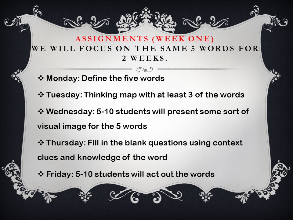 literature vocabulary assignments week one we will focus on the 5 word