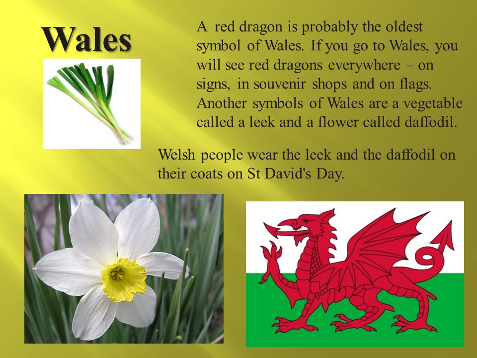 Wales A red dragon is probably the oldest symbol of Wales.