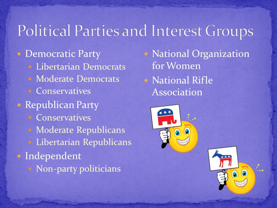 Democratic Party Libertarian Democrats Moderate Democrats Conservatives Republican Party Conservatives Moderate Republicans Libertarian Republicans Independent Non-party politicians National Organization for Women National Rifle Association