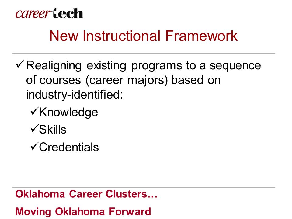 Oklahoma Career Clusters… Moving Oklahoma Forward New Instructional Framework Realigning existing programs to a sequence of courses (career majors) based on industry-identified: Knowledge Skills Credentials