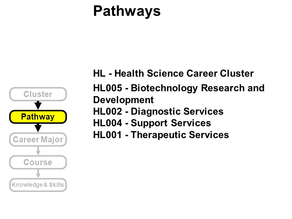 Cluster Pathway Career Major Course Knowledge & Skills Pathways HL - Health Science Career Cluster HL005 - Biotechnology Research and Development HL002 - Diagnostic Services HL004 - Support Services HL001 - Therapeutic Services