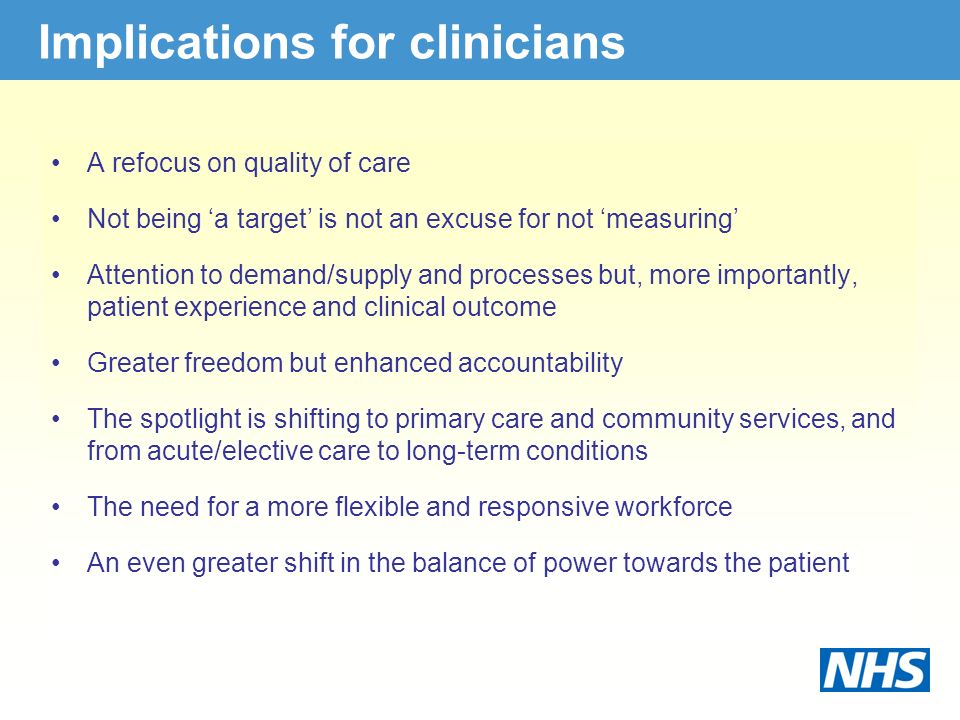 Implications for clinicians A refocus on quality of care Not being ‘a target’ is not an excuse for not ‘measuring’ Attention to demand/supply and processes but, more importantly, patient experience and clinical outcome Greater freedom but enhanced accountability The spotlight is shifting to primary care and community services, and from acute/elective care to long-term conditions The need for a more flexible and responsive workforce An even greater shift in the balance of power towards the patient