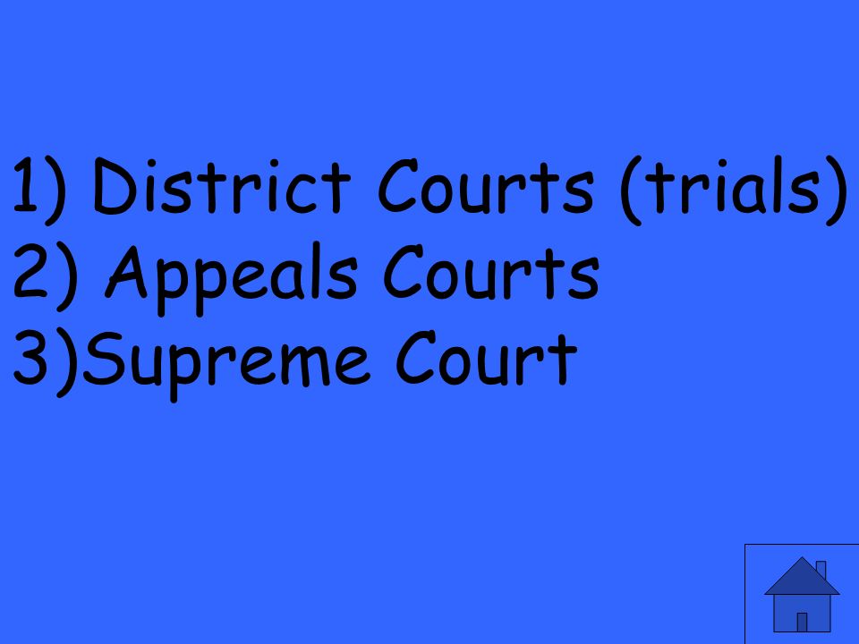 1) District Courts (trials) 2) Appeals Courts 3)Supreme Court