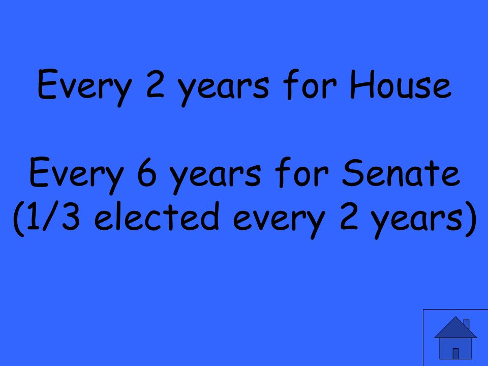Every 2 years for House Every 6 years for Senate (1/3 elected every 2 years)