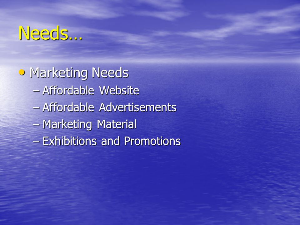 Needs… Marketing Needs Marketing Needs –Affordable Website –Affordable Advertisements –Marketing Material –Exhibitions and Promotions