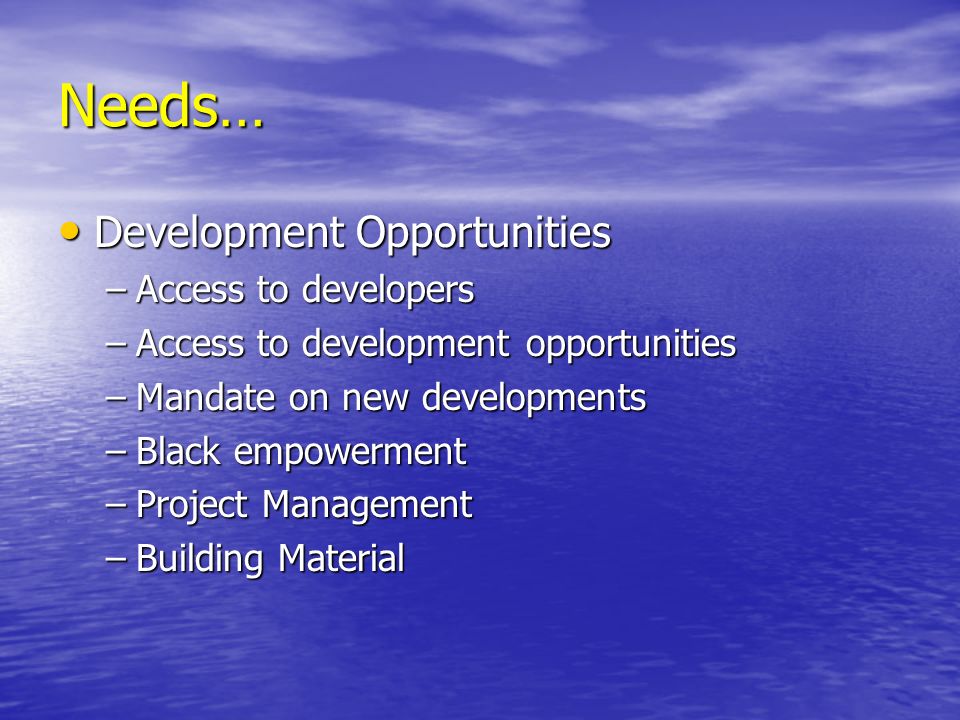 Needs… Development Opportunities Development Opportunities –Access to developers –Access to development opportunities –Mandate on new developments –Black empowerment –Project Management –Building Material
