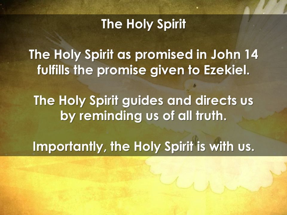 The Holy Spirit The Holy Spirit as promised in John 14 fulfills the promise given to Ezekiel.