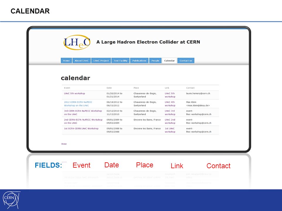 CALENDAR Event DatePlace Link Contact FIELDS: