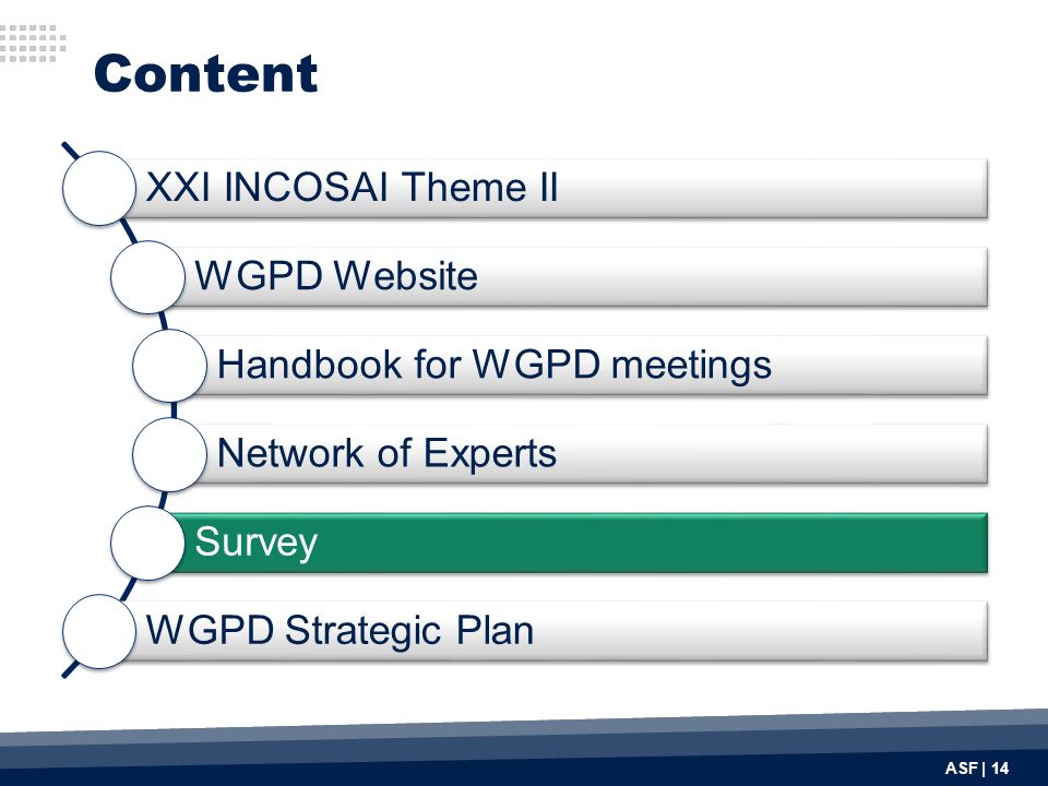 Content ASF | 14 XXI INCOSAI Theme II WGPD Website Handbook for WGPD meetings Network of Experts Survey WGPD Strategic Plan