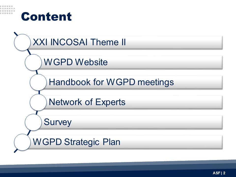 Content ASF | 2 XXI INCOSAI Theme II WGPD Website Handbook for WGPD meetings Network of Experts Survey WGPD Strategic Plan
