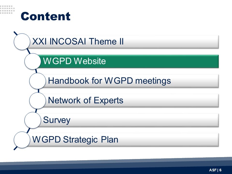 Content ASF | 6 XXI INCOSAI Theme II WGPD Website Handbook for WGPD meetings Network of Experts Survey WGPD Strategic Plan