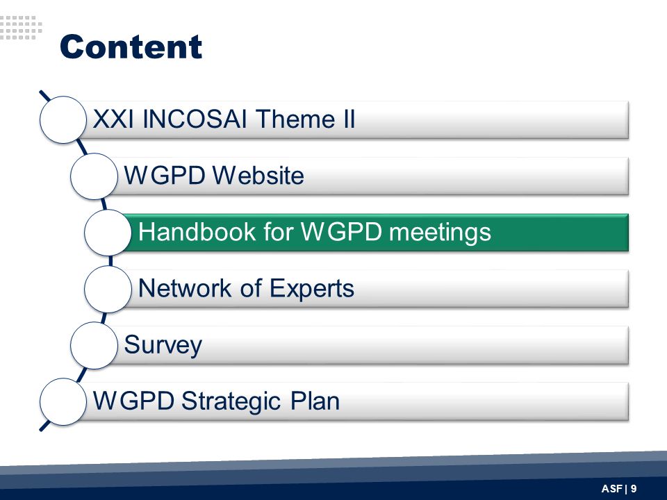 Content ASF | 9 XXI INCOSAI Theme II WGPD Website Handbook for WGPD meetings Network of Experts Survey WGPD Strategic Plan