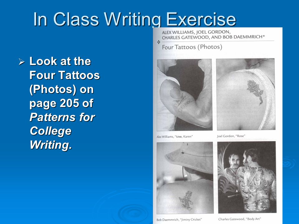 In Class Writing Exercise  Look at the Four Tattoos (Photos) on page 205 of Patterns for College Writing.