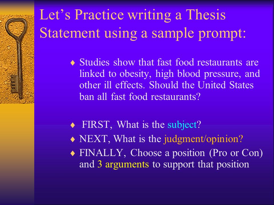 Final Part of the Introduction…The THESIS  Think of it as a math problem:  SUBJECT ++  JUDGMENT/OPINION ++  BLUEPRINT (Reasons 1, 2, and 3) ==  THESIS STATEMENT!