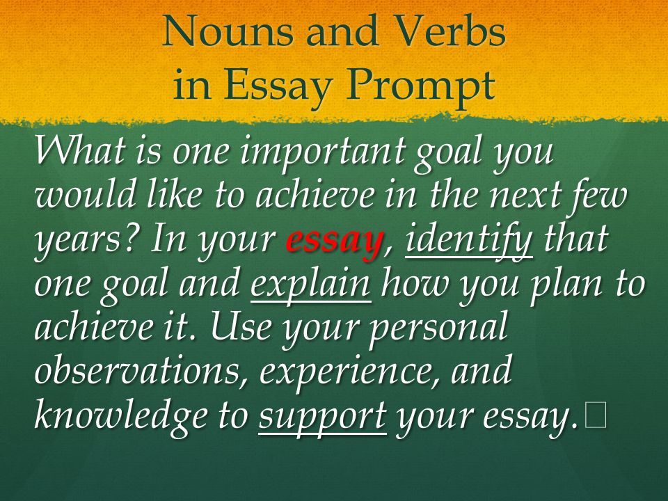 Nouns and Verbs in Essay Prompt What is one important goal you would like to achieve in the next few years.
