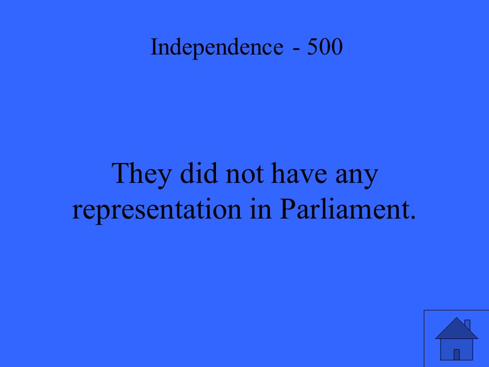 They did not have any representation in Parliament. Independence - 500