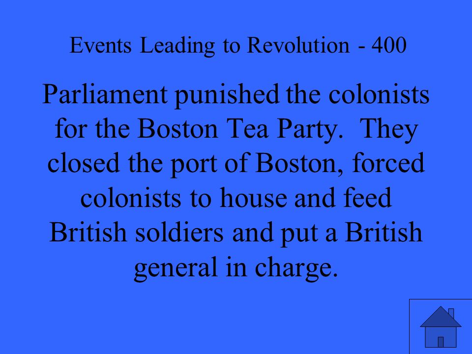 Parliament punished the colonists for the Boston Tea Party.