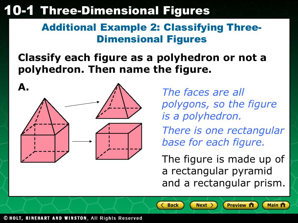 Holt CA Course Three-Dimensional Figures Classify each figure as a polyhedron or not a polyhedron.