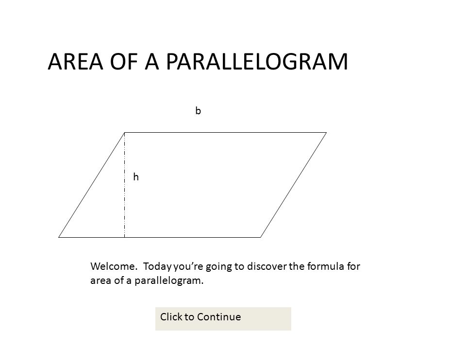 Area of a square, rectangle & parallelogram A = bh – Base and Height ALWAYS must form a 90 degree angle.