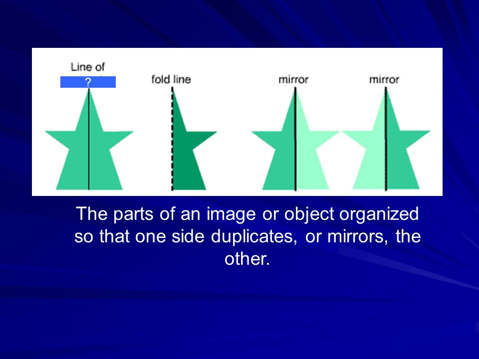 The parts of an image or object organized so that one side duplicates, or mirrors, the other.