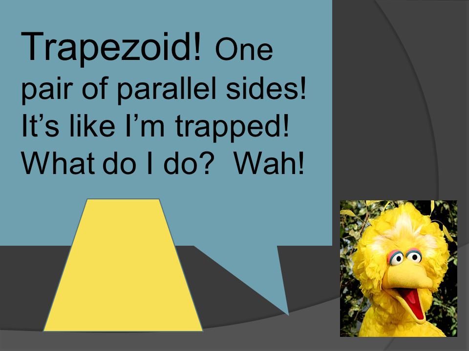 Trapezoid! One pair of parallel sides! It’s like I’m trapped! What do I do Wah!