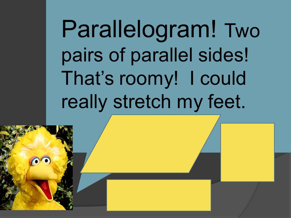 Parallelogram! Two pairs of parallel sides! That’s roomy! I could really stretch my feet.