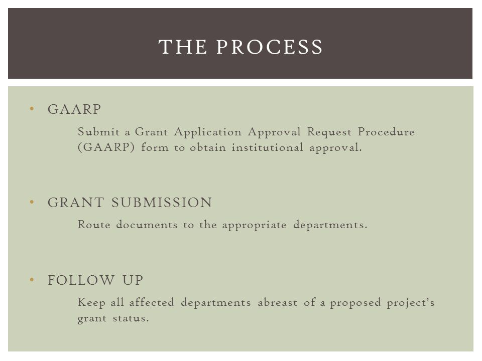 GAARP Submit a Grant Application Approval Request Procedure (GAARP) form to obtain institutional approval.