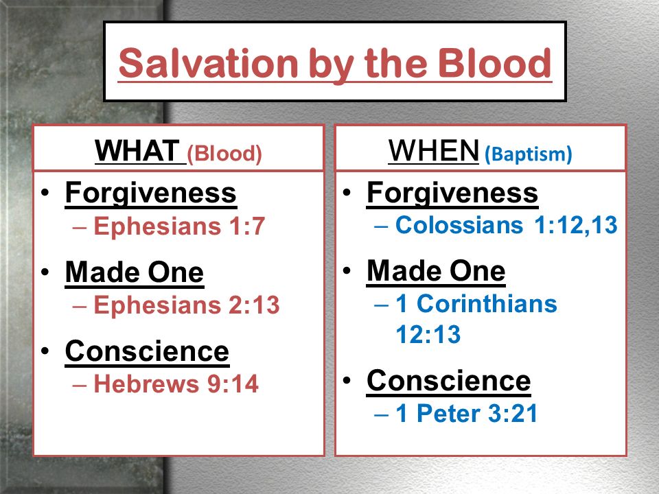 Salvation by the Blood WHAT (Blood) Forgiveness –Ephesians 1:7 Made One –Ephesians 2:13 Conscience –Hebrews 9:14 WHEN (Baptism) Forgiveness –Colossians 1:12,13 Made One –1 Corinthians 12:13 Conscience –1 Peter 3:21