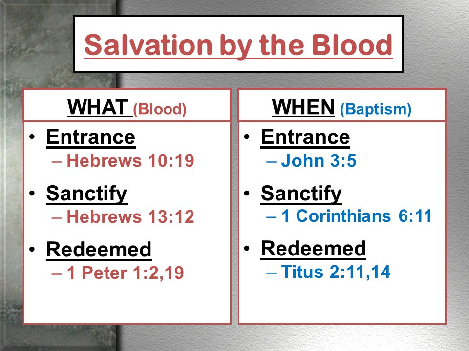 Salvation by the Blood WHAT (Blood) Entrance –Hebrews 10:19 Sanctify –Hebrews 13:12 Redeemed –1 Peter 1:2,19 WHEN (Baptism) Entrance –John 3:5 Sanctify –1 Corinthians 6:11 Redeemed –Titus 2:11,14