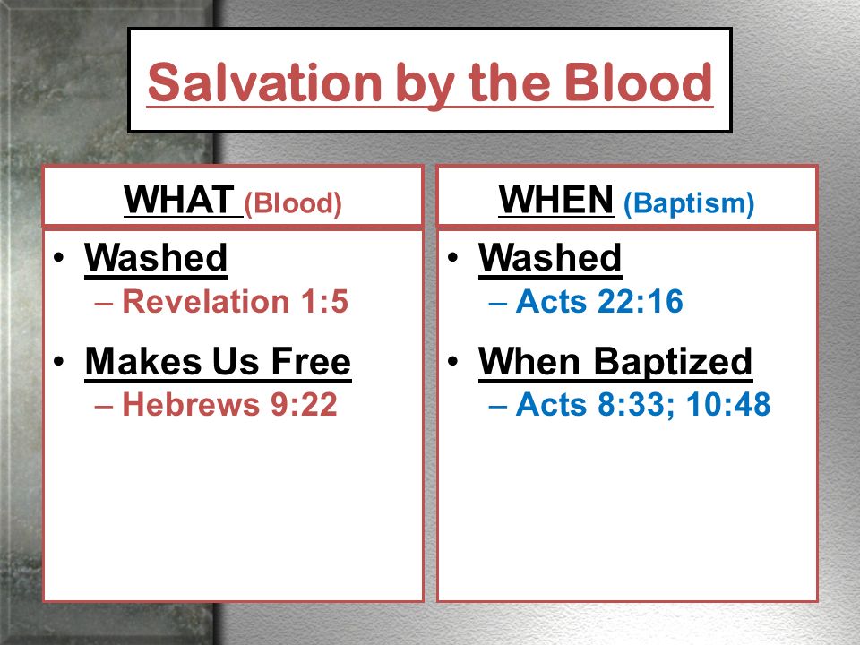 Salvation by the Blood WHAT (Blood) Washed –Revelation 1:5 Makes Us Free –Hebrews 9:22 WHEN (Baptism) Washed –Acts 22:16 When Baptized –Acts 8:33; 10:48