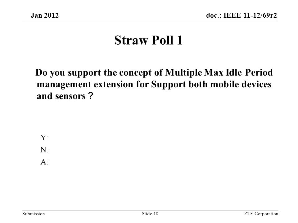 Submission Jan 2012 doc.: IEEE 11-12/69r2 Straw Poll 1 Do you support the concept of Multiple Max Idle Period management extension for Support both mobile devices and sensors ？ Y: N: A: Slide 10Minyoung Park, Intel Corp.