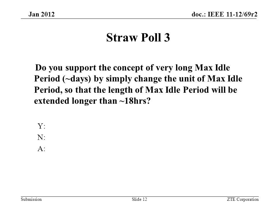 Submission Jan 2012 doc.: IEEE 11-12/69r2 Straw Poll 3 Do you support the concept of very long Max Idle Period (~days) by simply change the unit of Max Idle Period, so that the length of Max Idle Period will be extended longer than ~18hrs.