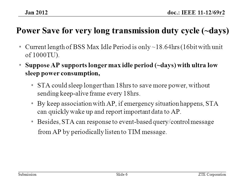 Submission Jan 2012 doc.: IEEE 11-12/69r2 Current length of BSS Max Idle Period is only ~18.64hrs (16bit with unit of 1000TU).