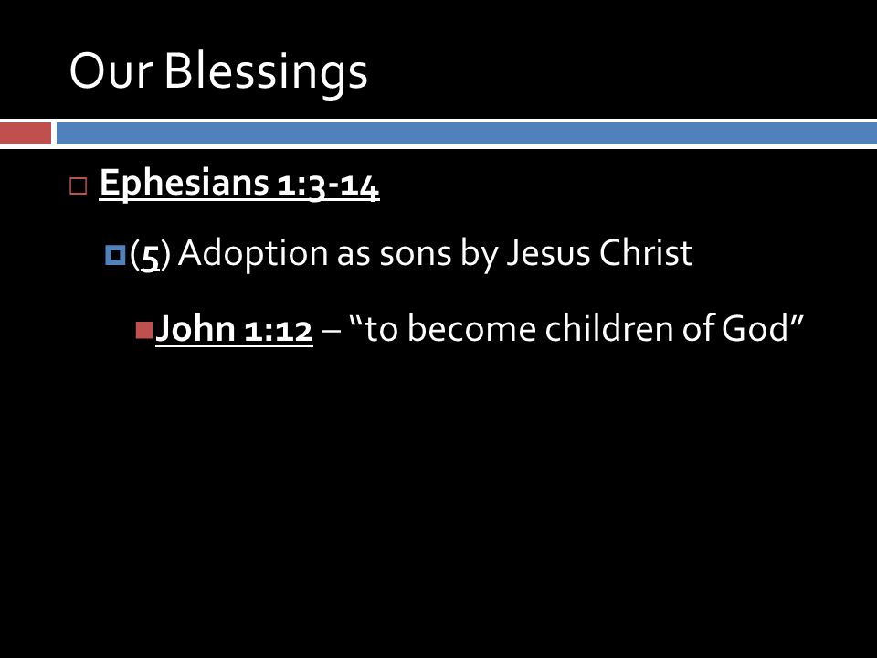 Our Blessings  Ephesians 1:3-14  (5) Adoption as sons by Jesus Christ John 1:12 – to become children of God