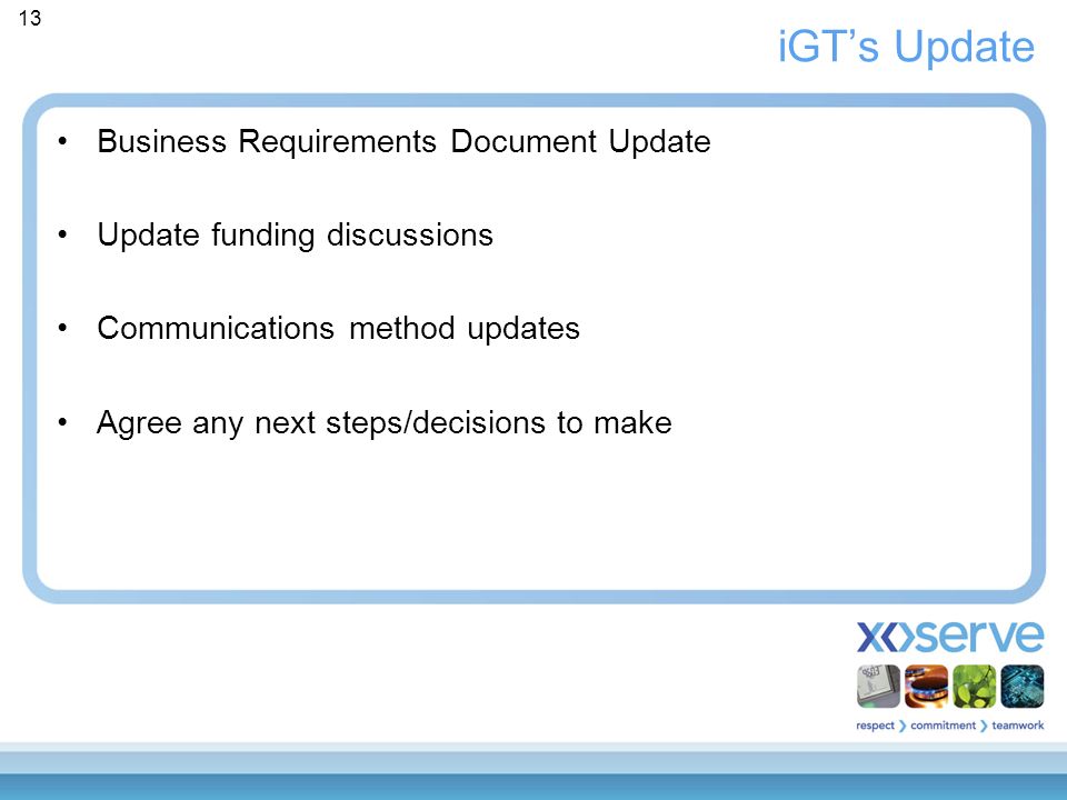 13 iGT’s Update Business Requirements Document Update Update funding discussions Communications method updates Agree any next steps/decisions to make
