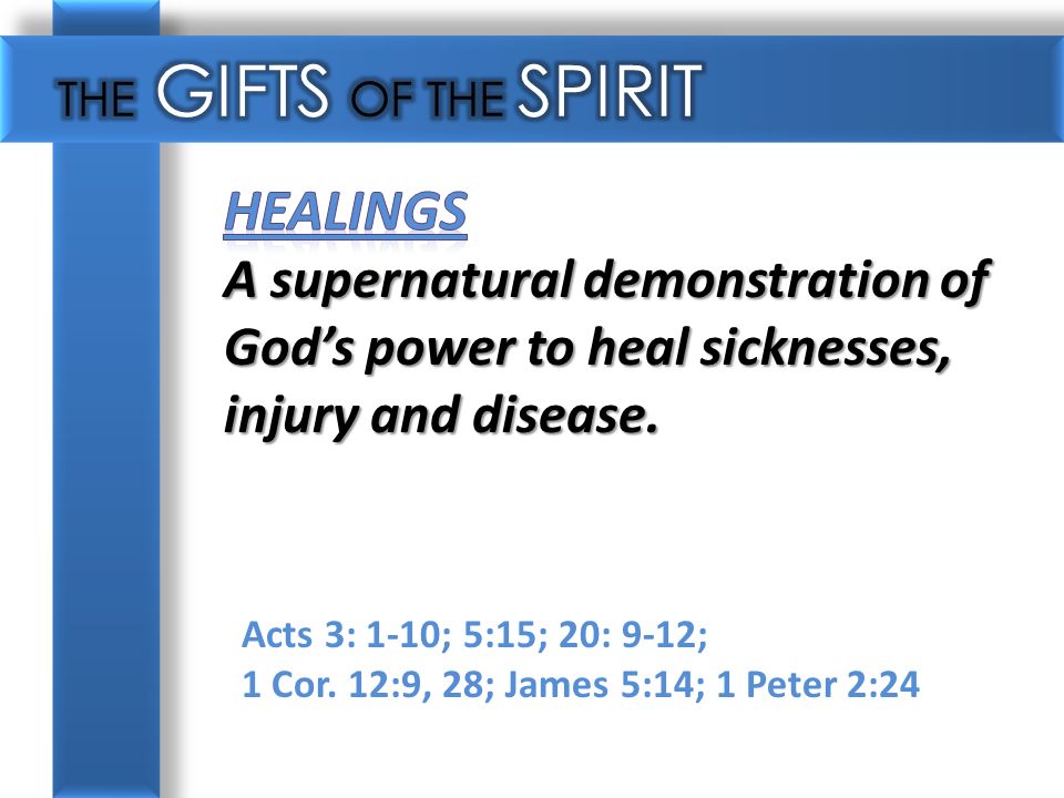 Acts 3: 1-10; 5:15; 20: 9-12; 1 Cor. 12:9, 28; James 5:14; 1 Peter 2:24