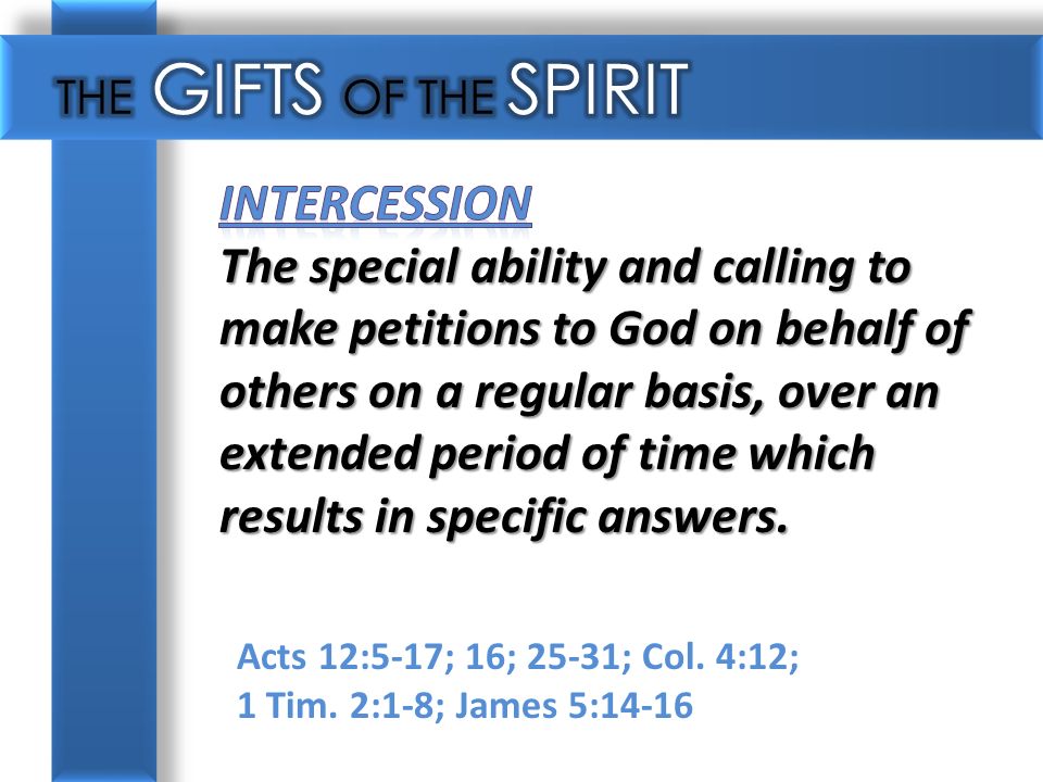 Acts 12:5-17; 16; 25-31; Col. 4:12; 1 Tim. 2:1-8; James 5:14-16