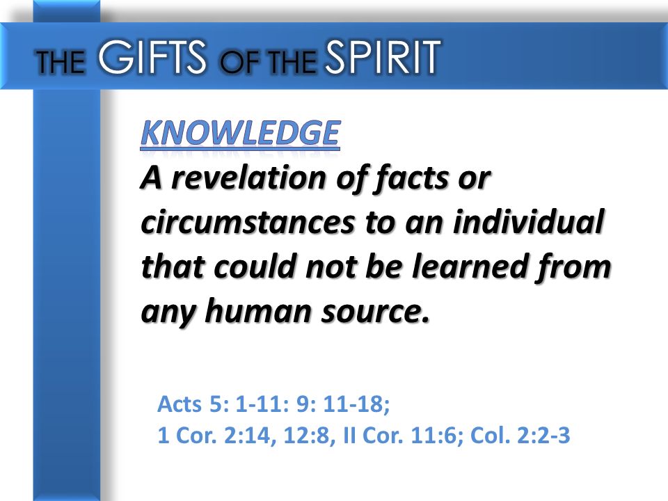 Acts 5: 1-11: 9: 11-18; 1 Cor. 2:14, 12:8, II Cor. 11:6; Col. 2:2-3