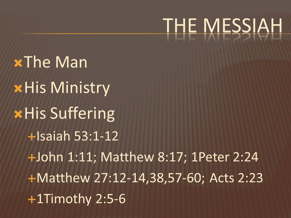  The Man  His Ministry  His Suffering  Isaiah 53:1-12  John 1:11; Matthew 8:17; 1Peter 2:24  Matthew 27:12-14,38,57-60; Acts 2:23  1Timothy 2:5-6