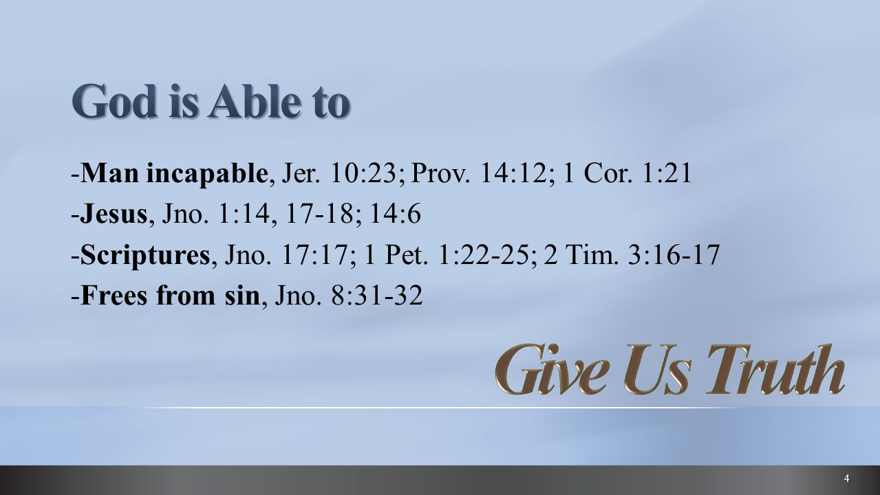 -Man incapable, Jer. 10:23; Prov. 14:12; 1 Cor. 1:21 -Jesus, Jno.