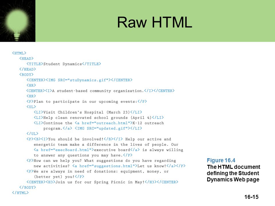 16-15 Raw HTML Figure 16.4 The HTML document defining the Student Dynamics Web page