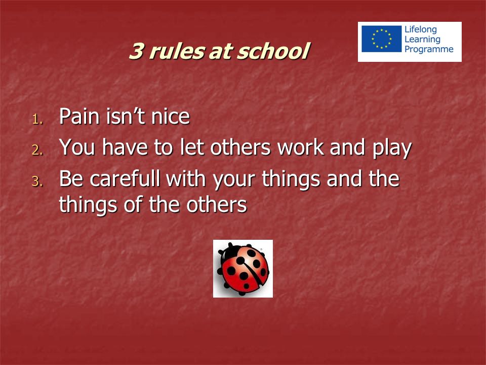 3 rules at school 1. Pain isn’t nice 2. You have to let others work and play 3.