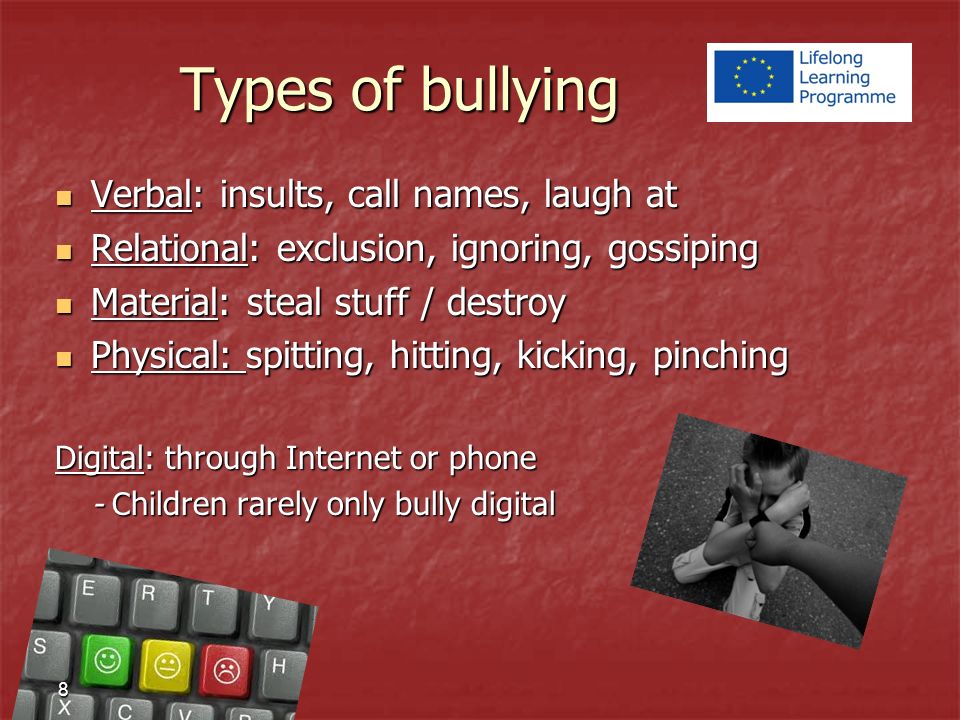 Types of bullying Verbal: insults, call names, laugh at Verbal: insults, call names, laugh at Relational: exclusion, ignoring, gossiping Relational: exclusion, ignoring, gossiping Material: steal stuff / destroy Material: steal stuff / destroy Physical: spitting, hitting, kicking, pinching Physical: spitting, hitting, kicking, pinching Digital: through Internet or phone - C hildren rarely only bully digital 8