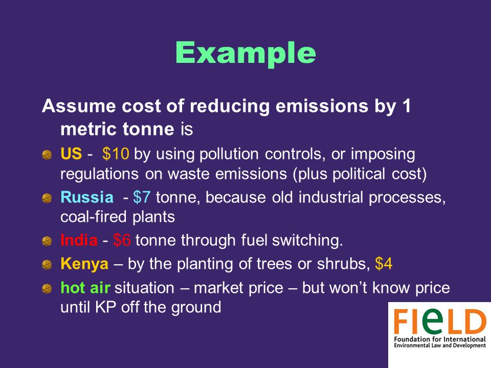 Example Assume cost of reducing emissions by 1 metric tonne is US - $10 by using pollution controls, or imposing regulations on waste emissions (plus political cost) Russia - $7 tonne, because old industrial processes, coal-fired plants India - $6 tonne through fuel switching.