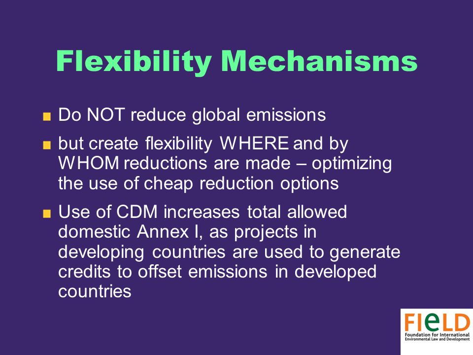 Flexibility Mechanisms Do NOT reduce global emissions but create flexibility WHERE and by WHOM reductions are made – optimizing the use of cheap reduction options Use of CDM increases total allowed domestic Annex I, as projects in developing countries are used to generate credits to offset emissions in developed countries